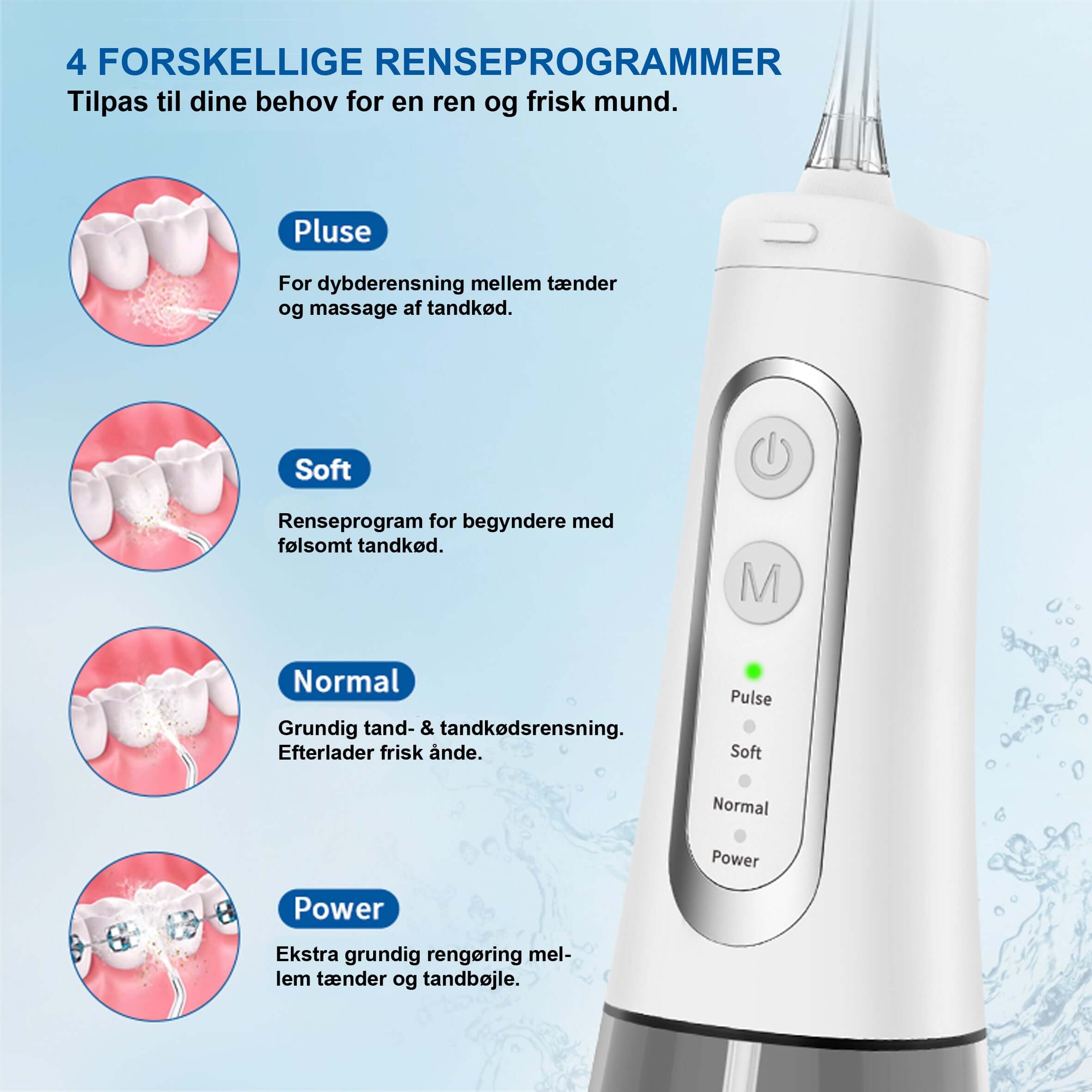 StartSmiling Waterflosser Pro munddusj med justerbar vandstråle til effektiv tandrensning på 60 sekunder.