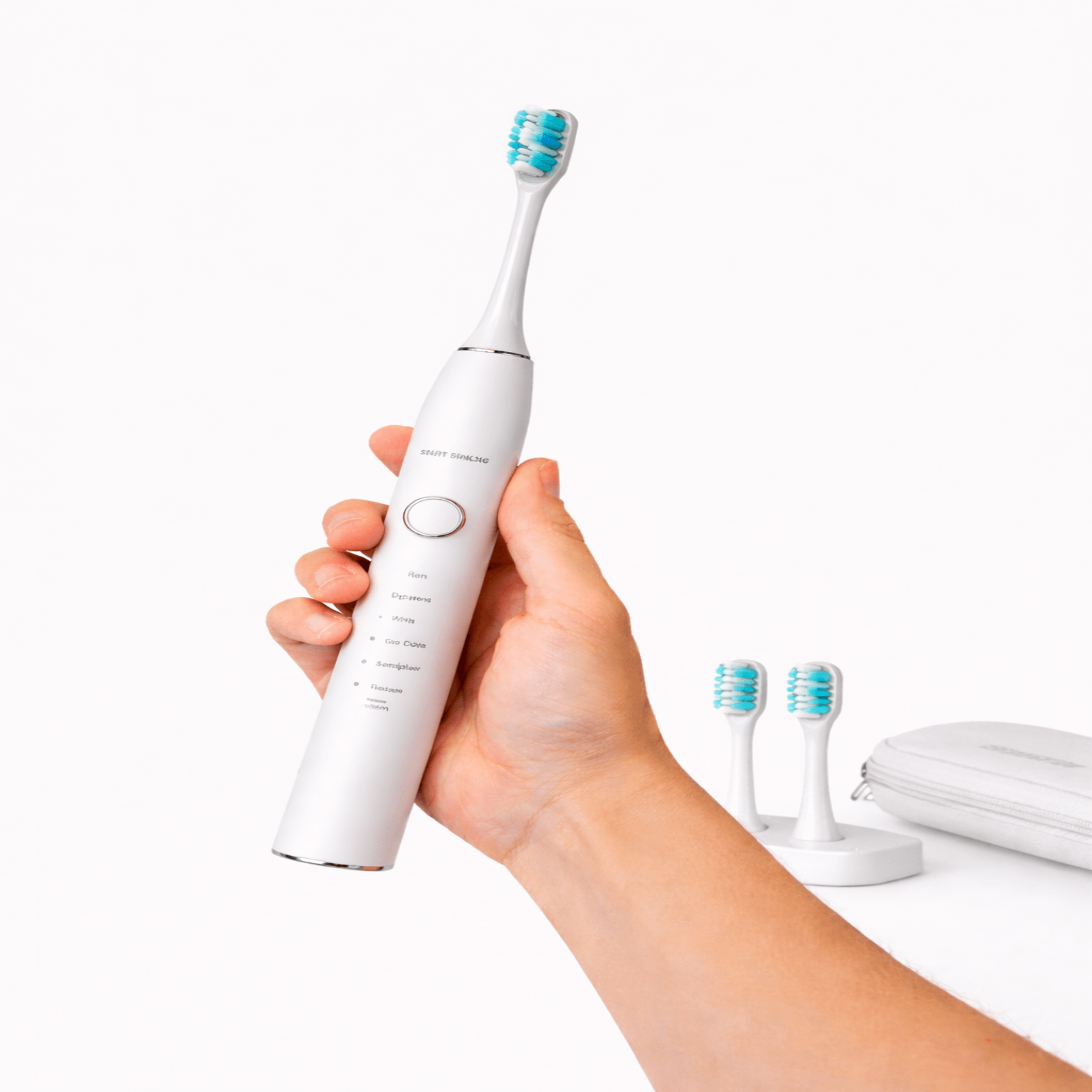 Elektrisk sonisk tandbørste fra Start Smiling Danmark med 5 tilstande og ultralydsteknologi, vist med børstehoved og kontrolpanel