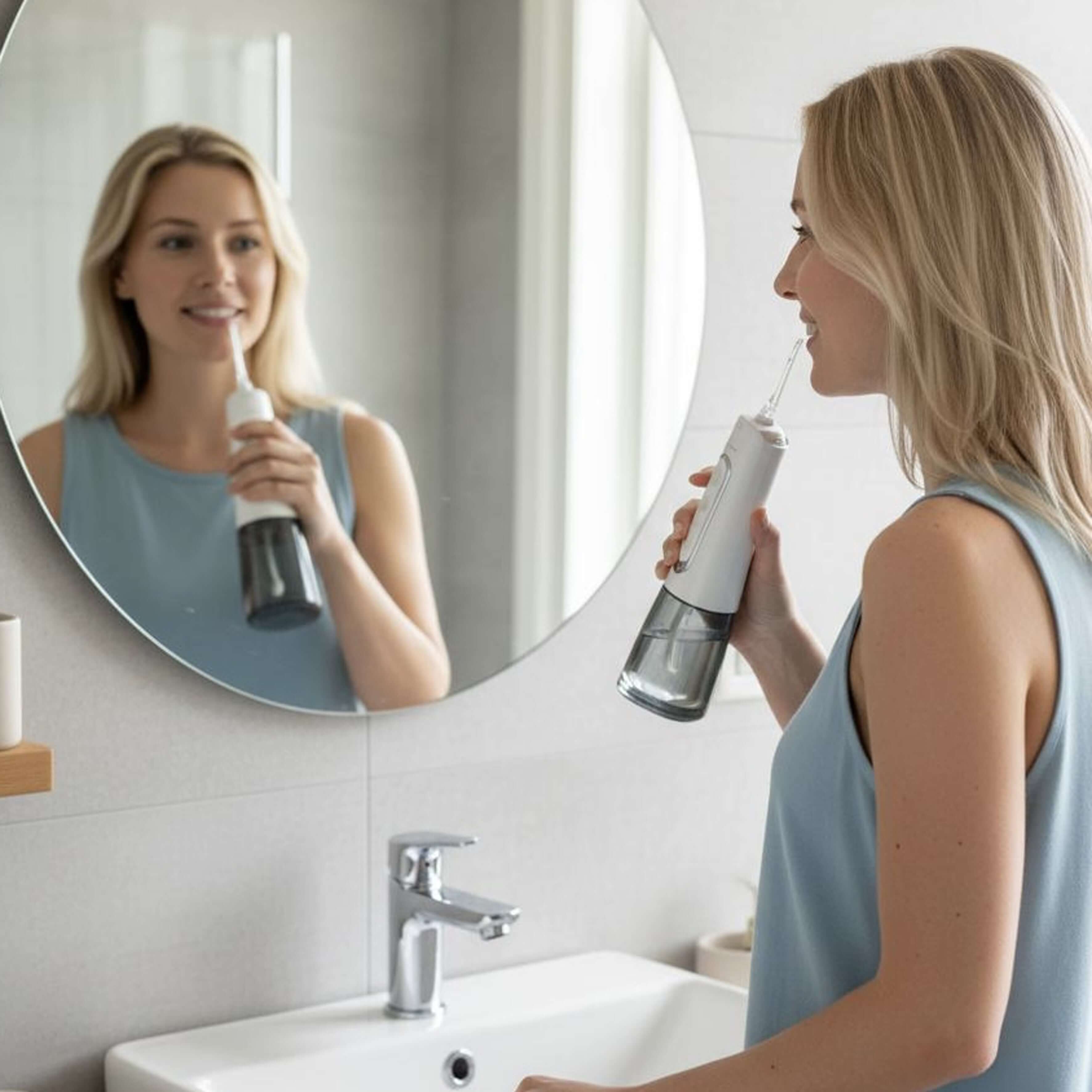 StartSmiling Waterflosser Pro munddusj, viser en moderne elektrisk vandflosser til renere tænder på 60 sekunder.